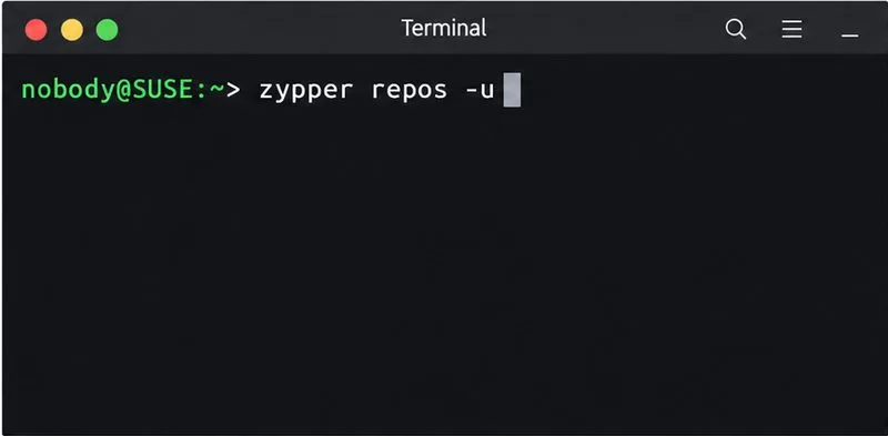 Для проверки настроенных URL-адресов репозиториев в терминале Linux вводится команда `zypper repos -u`.