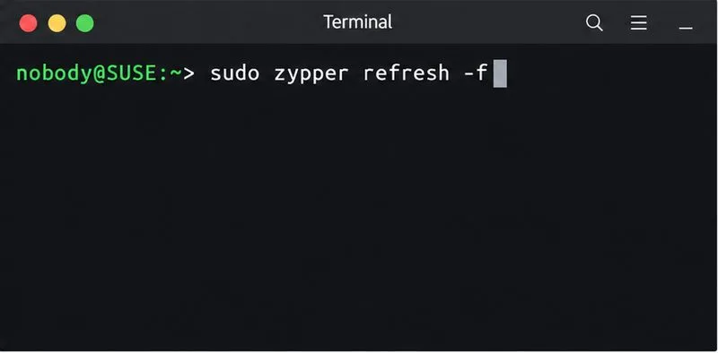 Команда `zypper refresh -f` принудительно обновляет метаданные репозитория после устранения проблемы на стороне сервера.