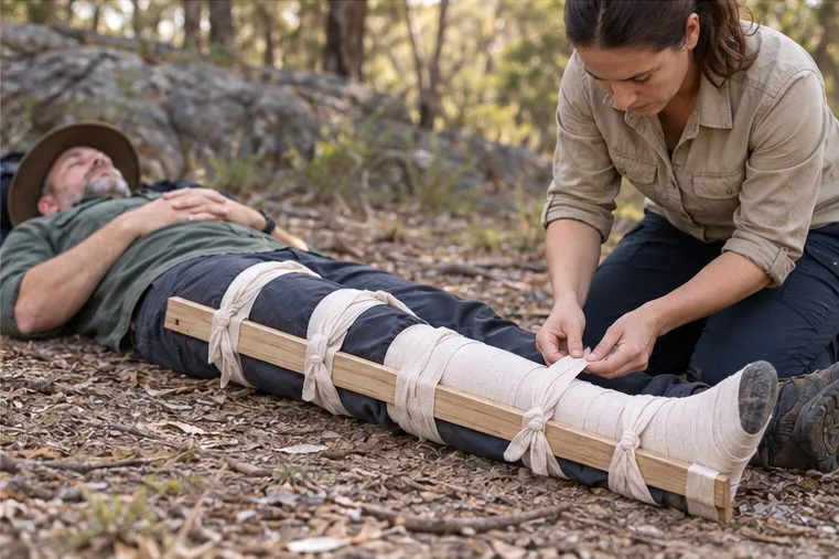 A bandaged lower leg is secured beside a straight splint while a helper ties it in place.