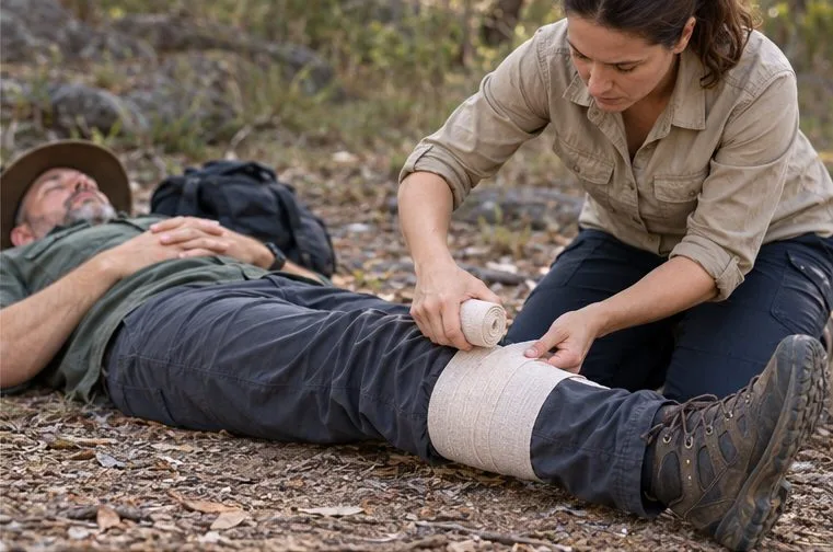 A first aider places a wide elastic roller bandage over a clothed lower leg.