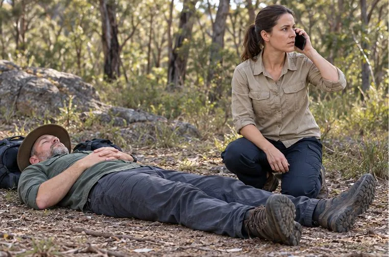 A first aider calls for emergency help on a mobile phone beside a person lying still outdoors.