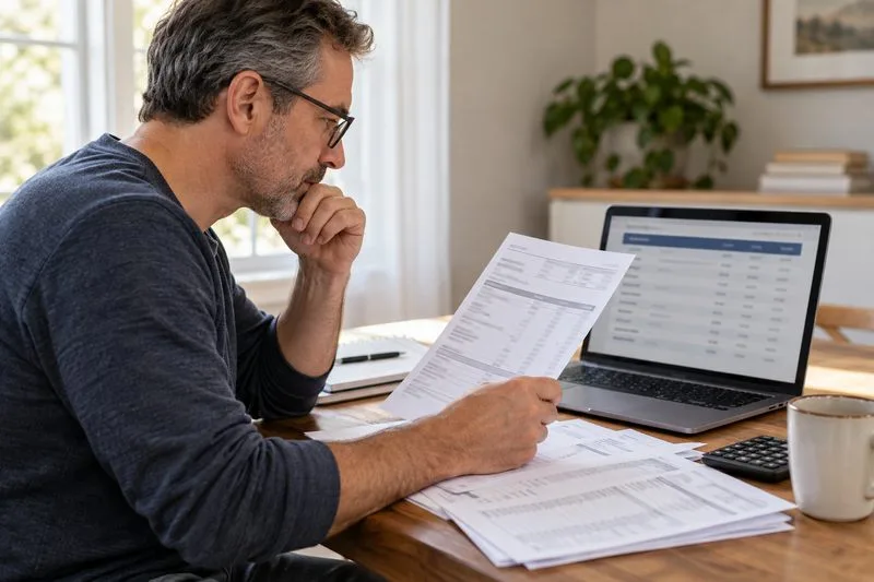 A worker compares wage paperwork with a blurred earnings table on a laptop at a home desk.
