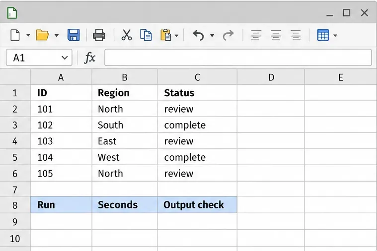 Calc worksheet showing updated status values and a blank timing comparison grid