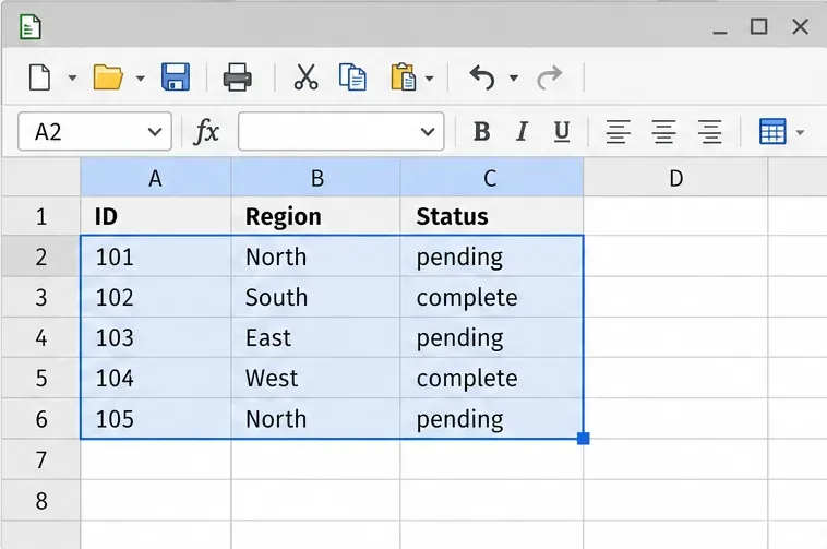 Calc worksheet with ID, Region, and Status columns and a selected data range