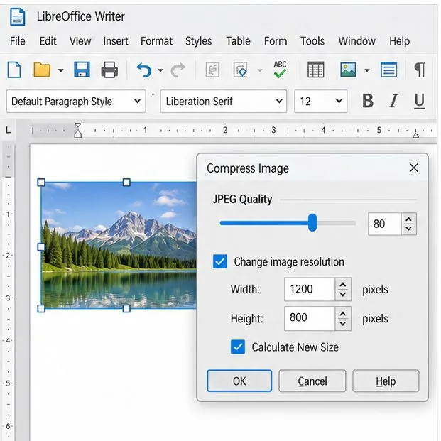 A selected landscape image in LibreOffice Writer with the Compress Image dialog open, showing JPEG Quality and Change image resolution controls.