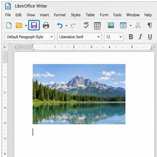 LibreOffice Writer document with an image visible on the page and the Save toolbar button highlighted.