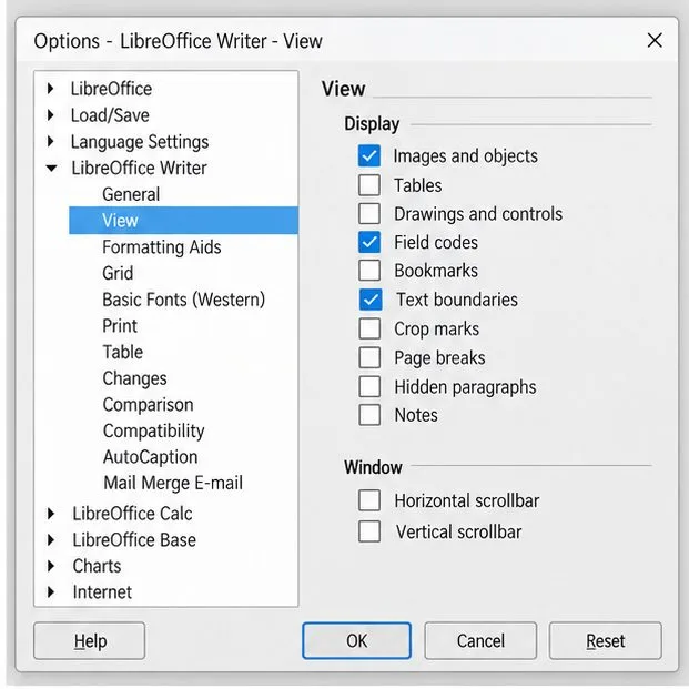 LibreOffice Options dialog on LibreOffice Writer View, with Images and objects checked under Display.