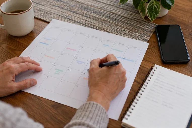 Hands marking a monthly paper calendar beside a phone and notebook at a kitchen table
