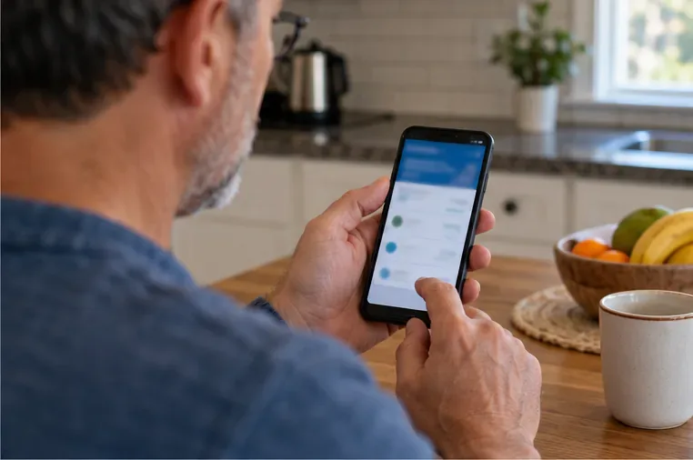 An adult checks an indistinct banking screen on a smartphone while seated at a kitchen table