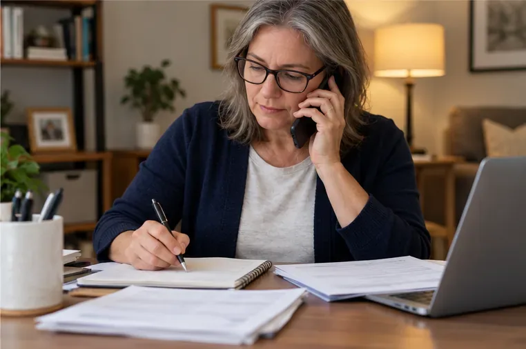A woman speaks on a phone and writes notes beside papers at a desk