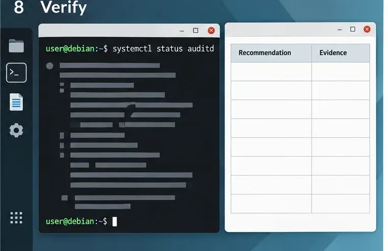 端末には、推奨事項と証拠の列がある空白の証拠テーブルの横に、systemctl status auditd と表示されます。