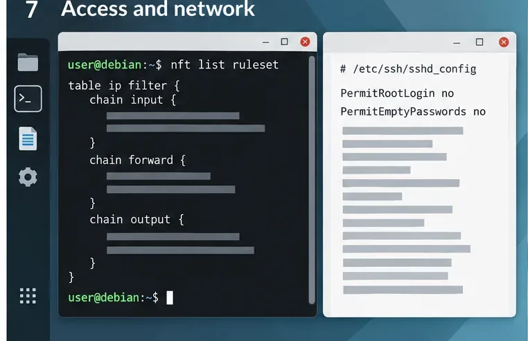2 つのウィンドウに、nft list ruleset コマンドと SSH 設定の PermitRootLogin no および PermitEmptyPasswords no が表示されます。