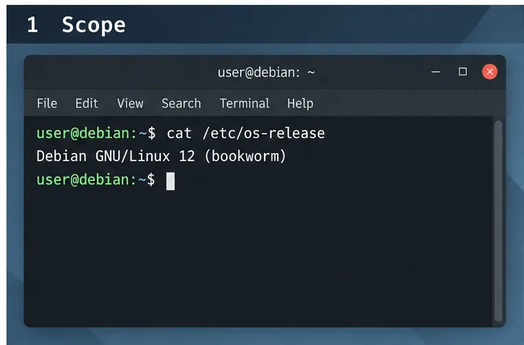 Debianのターミナルに「cat /etc/os-release」と表示され、Debian GNU/Linux 12 (bookworm)が識別される。