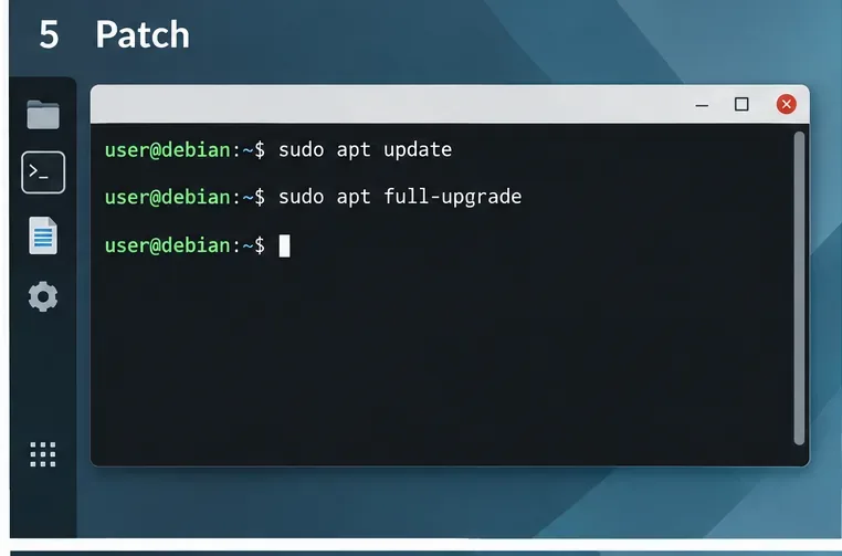 Debianデスクトップのターミナルには、sudo apt update に続いて sudo apt full-upgrade が表示されます。