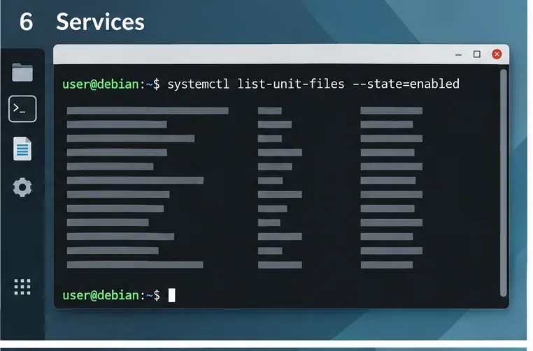 端末には、匿名化されたサービスリストの行の上に、systemctl list-unit-files --state=enabled が表示されます。