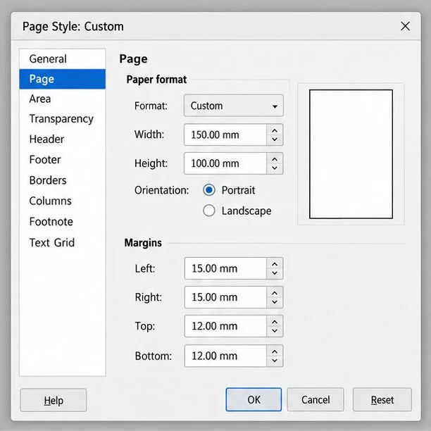 LibreOffice-style Page Style dialog on the Page tab with Custom paper format, width, height, orientation, margins, and page preview.