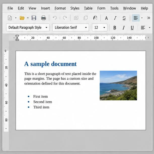 A custom landscape document page shown in a LibreOffice-style editing window, with paragraph text, a short list, and an image positioned within the page.