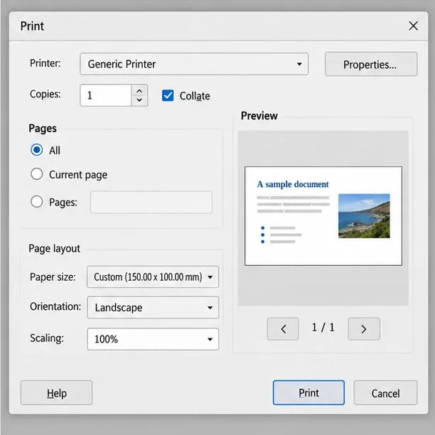 LibreOffice-style Print dialog showing printer selection, custom paper size, landscape orientation, 100 percent scaling, and a full-page preview.