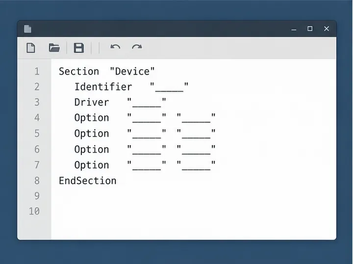 Un editor di testo generico che mostra la struttura di base della sezione Dispositivi per un file di configurazione Xorg.