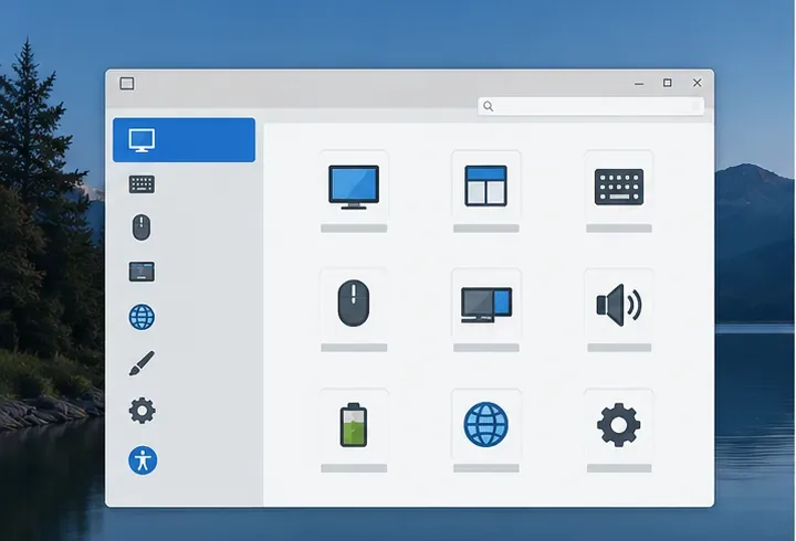 Una finestra delle impostazioni del desktop Linux con categorie per schermo, tastiera, mouse, rete e impostazioni di sistema.