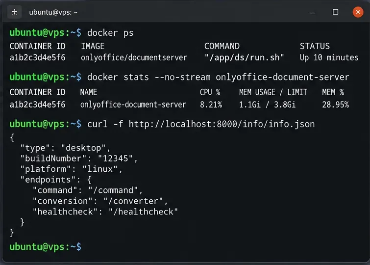 範例終端顯示了 docker ps、docker stats 和 localhost ONLYOFFICE info 端點的回應