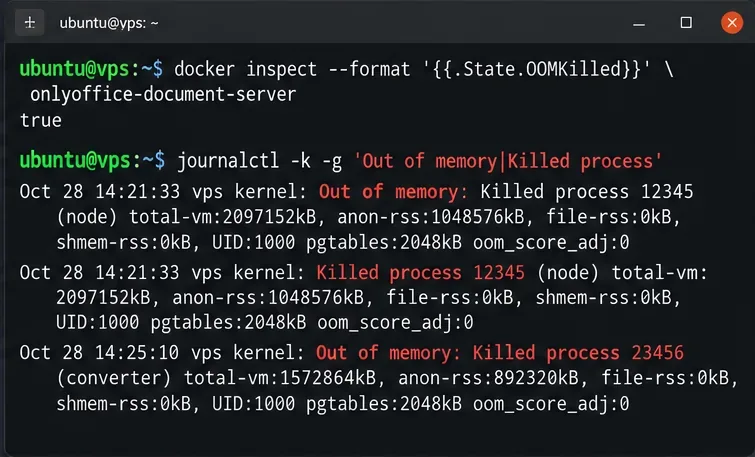 範例終端顯示了 Docker OOMKilled 標誌和 Linux 核心記憶體不足訊息