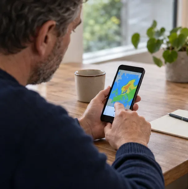 Een persoon bekijkt binnen op een smartphone een gekleurde weerkaart voordat die naar buiten gaat