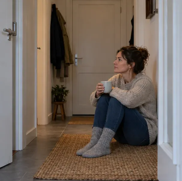 Een vrouw zit in een beschutte gang van haar woning, weg van de ramen