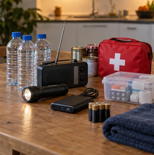 Een noodpakket met flessen water, zaklamp, radio op batterijen, powerbank en EHBO-set op een keukentafel