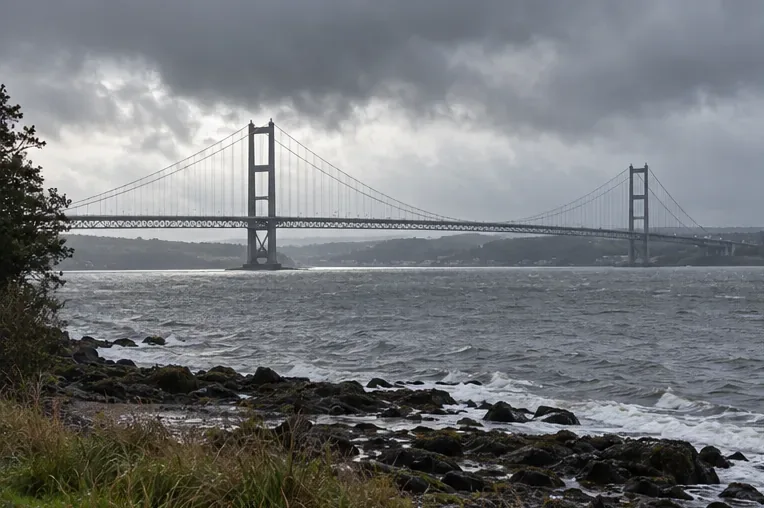 A long suspension bridge spans rough water beneath low, dark clouds.