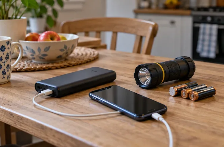 A phone, portable power bank, flashlight, and batteries arranged on a kitchen table