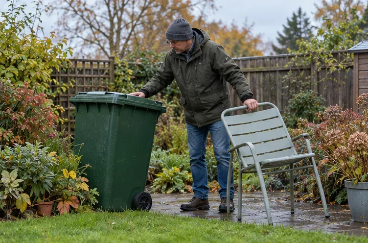 A person moves a wheelie bin and garden chair to secure them before windy weather