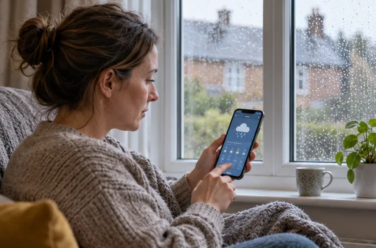 A person checks a weather app on a phone beside a rain-streaked window