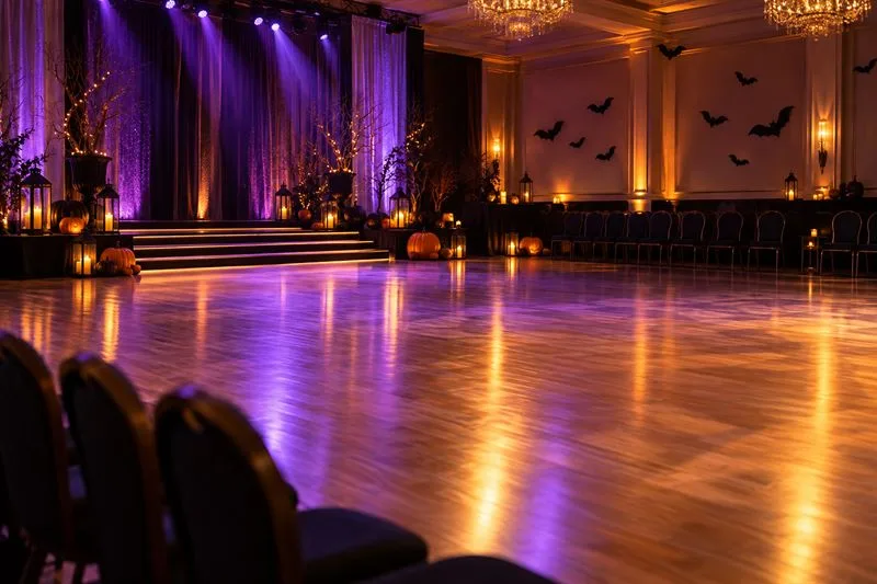 An empty ballroom with a polished wooden floor, rows of chairs, purple and amber stage lights, paper bats, and pumpkins