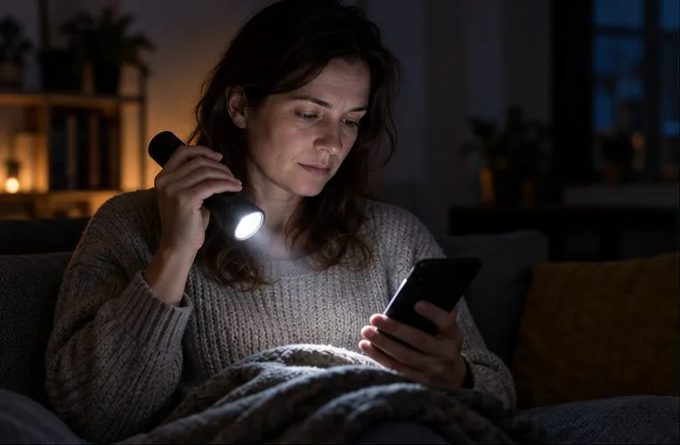 Eine Bewohnerin nutzt bei ausgeschaltetem Licht eine Taschenlampe und prüft ihr Smartphone.