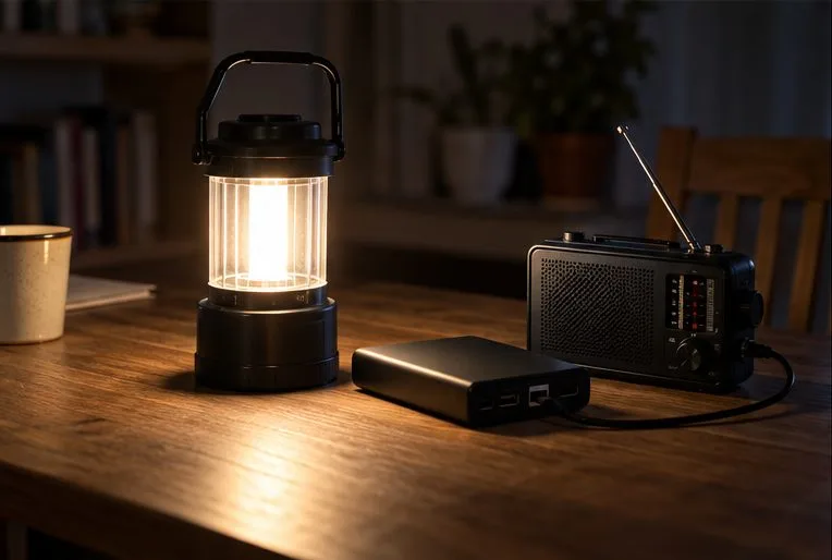 Eine batteriebetriebene Laterne, eine Powerbank und ein tragbares Radio auf einem Tisch.