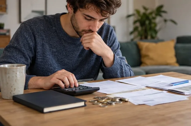 Een student gebruikt een rekenmachine naast papieren, een notitieboek en kleingeld