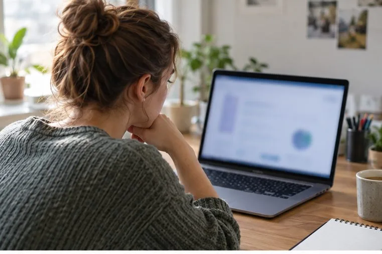 Een student zit aan een bureau achter een laptop met een onscherp scherm