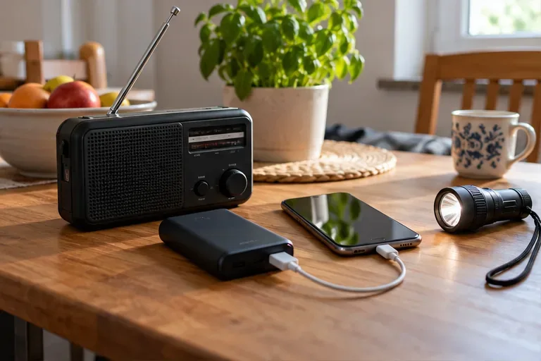 Batterieradio, Powerbank, Smartphone und Taschenlampe auf einem Küchentisch