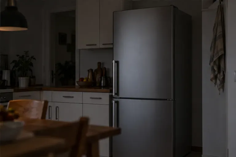 Geschlossener Kühlschrank in einer dunklen Küche während eines Stromausfalls