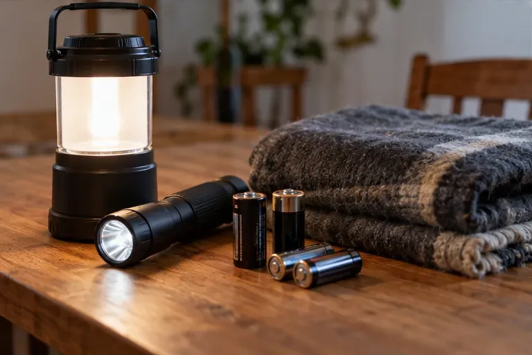 LED-Laterne, Taschenlampe, Batterien und eine gefaltete Decke auf einem Tisch