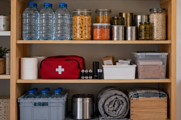 Wasser, haltbare Lebensmittel, Batterien, Erste-Hilfe-Tasche und Decken in einem Vorratsregal