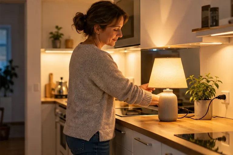 Eine Bewohnerin schaltet nach der Rückkehr des Stroms eine Tischlampe ein