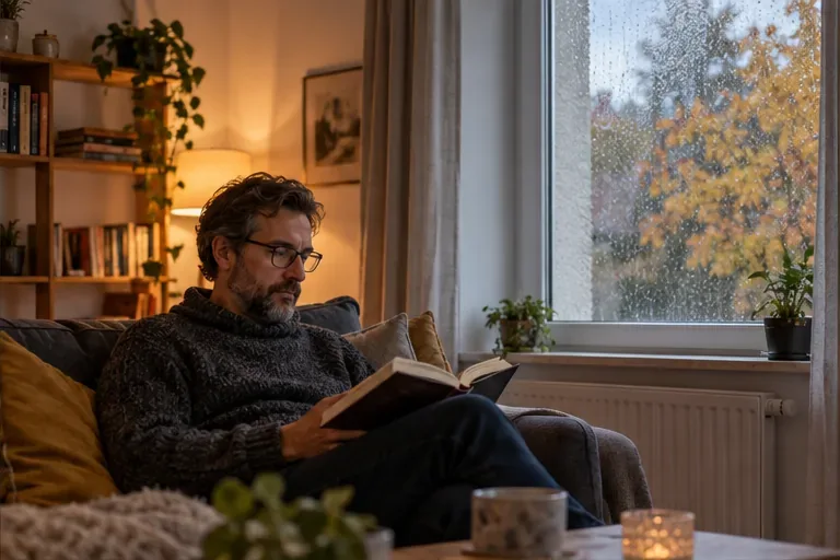 Ein Bewohner liest bei Regenwetter zu Hause im Wohnzimmer