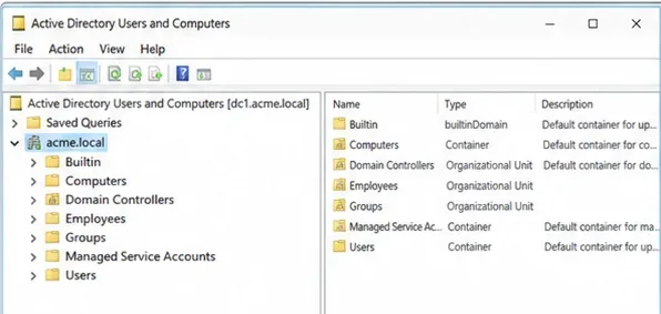 Active Directory 사용자 및 컴퓨터 화면에 acme.local 도메인의 직원 및 그룹 조직 단위가 표시됩니다.