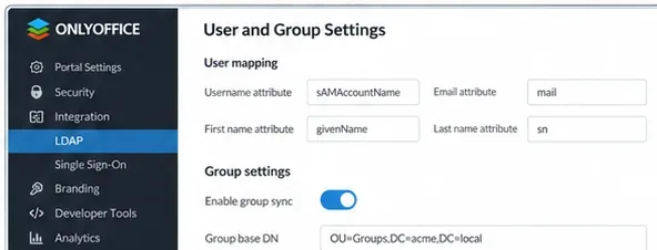 ONLYOFFICE LDAP 사용자 및 그룹 설정에서 그룹 동기화 활성화 여부와 그룹 기반 DN을 보여줍니다.