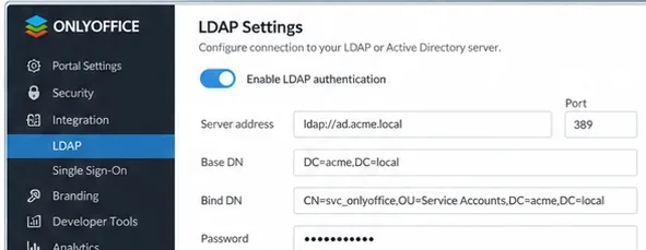 LDAP 설정 양식으로, 디렉터리 서버 주소 기반 DN과 마스킹 처리된 서비스 계정 암호의 예시를 보여줍니다.