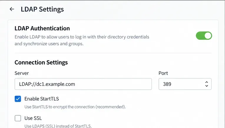 LDAP 인증이 LDAP 서버 주소 포트 389 및 StartTLS 활성화 설정과 함께 활성화되었습니다.