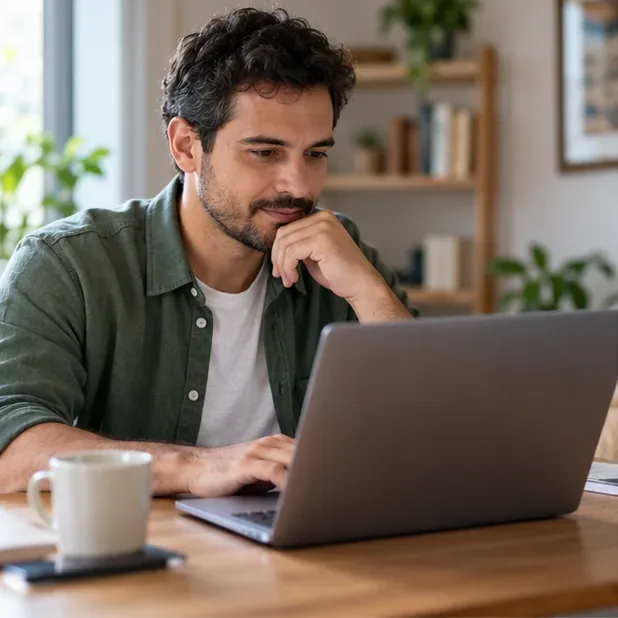Pessoa sentada à mesa consulta uma página financeira genérica em um notebook