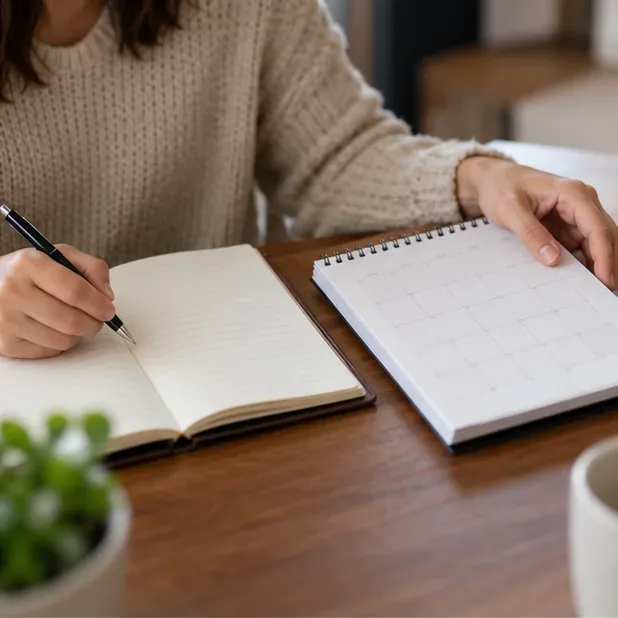 Mãos anotam informações em um caderno aberto ao lado de um calendário sem marcações